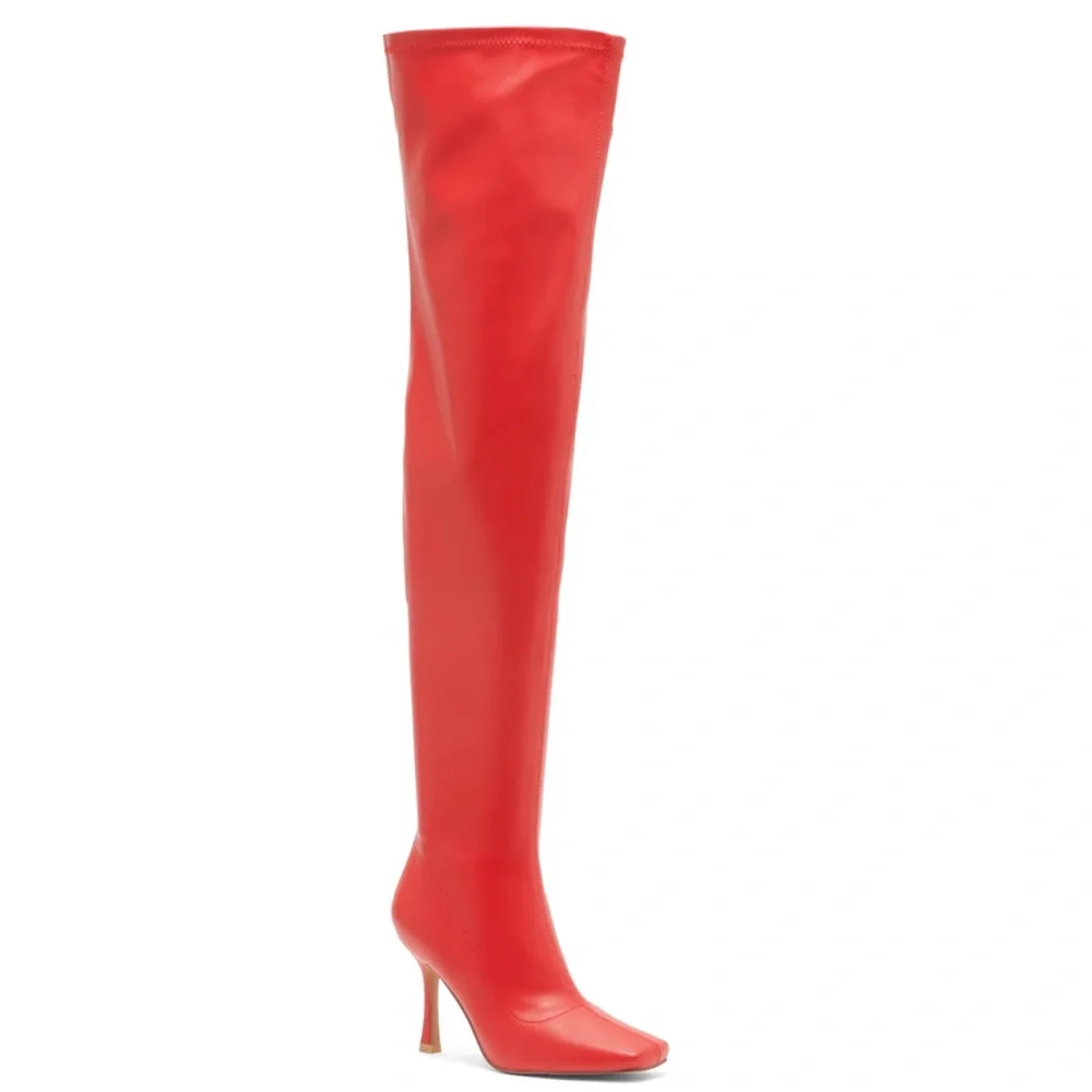 Red Vegan Patent Leather Thigh High Boots